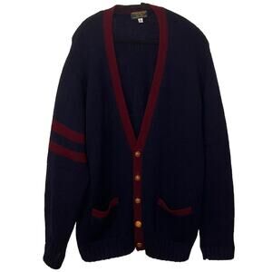 Brooks Brothers Cardigan XL Navy Blue Red 100% Wool Varsity Sweater Vintage